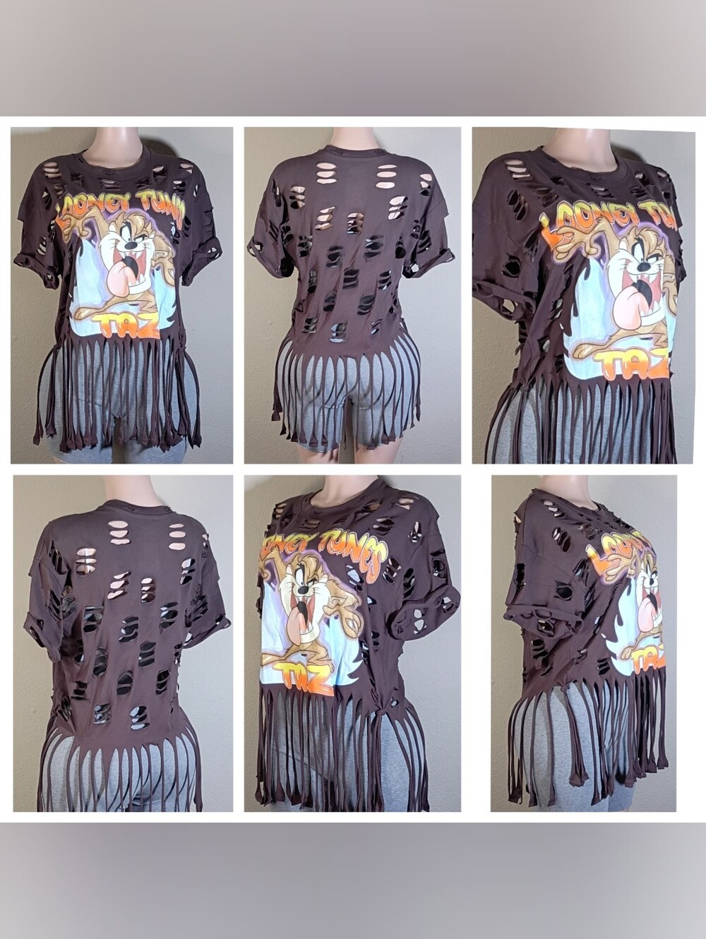 Distressed Looney Tunes Fringe Graphic Tee - Brown Looney Tunes Taz